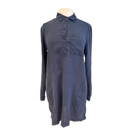 Womens Button-Down Collared Tunic Dress Dark Blue Long Sleeve Casual 100% Linen - Picture 1 of 10
